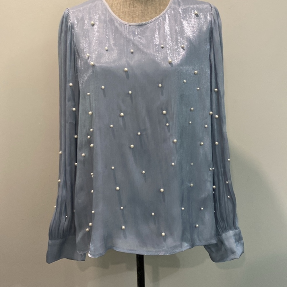 Pearl-Embellished Light Blue Long-Sleeve Women's Top - Picture 11 of 16
